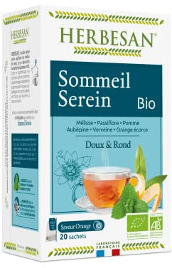 HERBESAN®- INFUSION SOMMEIL SEREIN BIO - Saveur Orange - Doux & Rond - Sans plastique - 100% plantes - 20 sachets en papier