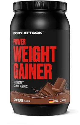 Body Attack Weight Gainer - Chocolate - 1,5 kg - Dein Mass Gainer für Masseaufbau & Muskelaufbau - Mit Whey Protein, BCAA und Kohlenhydraten - Dein fettarmer Masse Shake für hochwertige Kalorien