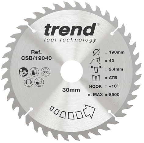 Trend Wood Circular Saw Blade, 190mm Diameter, 30mm Bore, 40 Teeth, 2.4mm Kerf, +10° Hook, TCT, Fine Finish, CSB/19040