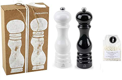 Dekomiro Peugeot Set Paris Pfeffermühle und Salzmühle schwarz weiß 22 cm u-Select Geschenkset mit 100 gr. Salz