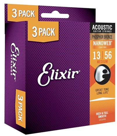 lixir Saiten 16546 Akustikgitarrensaiten aus Phosphor-Bronze, NANOWEB®-Beschichtung, Medium, 3 Stück (.013-.056)