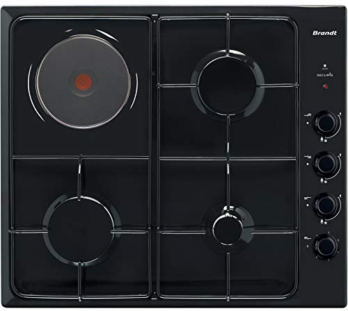 Brandt BPE6411BM - Plaque à gaz - Encastrable - 4 foyers : 850W, 1500W, 2300W et 3150W - L58 x P51cm - Revêtement acier émaillé - Noir - Fabrication française