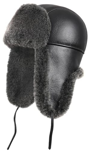 Zavelio Unisex Shearling Sheepskin Leather Aviator Russian Ushanka Trapper Winter Fur Hat Medium Black