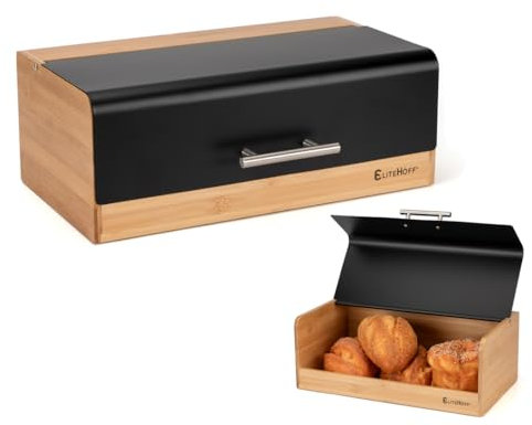 EliteHoff Boîte à pain en bambou et métal, boîte à pain rectangulaire env. 36 x 20 x 14 cm, boîte à pain avec couvercle à rabat, conservation du pain moderne, résistant aux aliments (Noir)