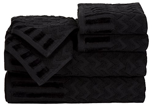 6-Piece Cotton Deluxe Plush Bath Towel Set – Chevron Patterned Plush Sculpted Spa Luxury Decorative Body, Hand and Face Towels by Lavish Home (Black)