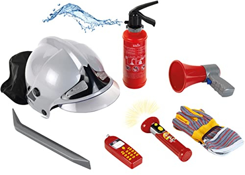 Theo Klein 8928 Bosch brandkårsset | Set i 7 delar med hjälm, ficklampa och mycket annat | Brandsläckare med sprutfunktion | Förpackningens mått: 52,4 cm x 35 cm x 20 cm | Leksak för barn från 3 år
