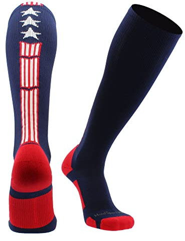 MadSportsStuff Patriot Stars and Stripes USA Flag Over the Calf Socks (Navy/Red/White 2.0, Small)