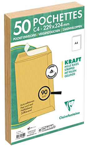 Clairefontaine 5750C - Packung mit 50 Versandtaschen mit Rillen Kraftbraun C4-229x324 mm, selbstklebend, 90g, 1 Pack