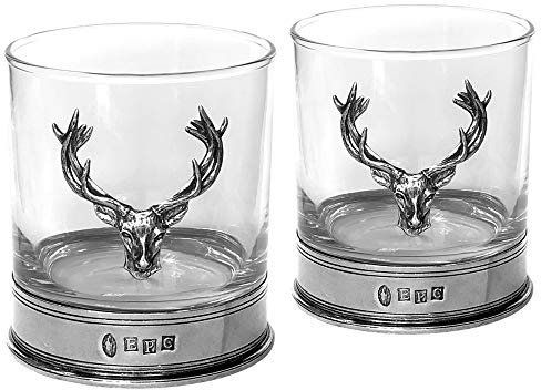 English Pewter Company Double Whiskey Glass Tumbler Set with Pewter Stag Head and Base [STAG105]