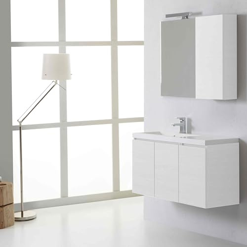 Kiamami Valentina Mueble de baño suspendido 90cm 3 Puertas Blanco Foresta, Lavabo a la Izquierda, Espejo con Armario a la Derecha | Manhattan