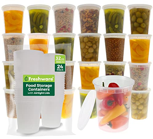 Freshware Food Storage Containers [24 Set] 32 oz Plastic Deli Containers with Lids, Slime, Soup, Meal Prep Containers | BPA Free | Stackable | Leakproof | Microwave/Dishwasher/Freezer Safe
