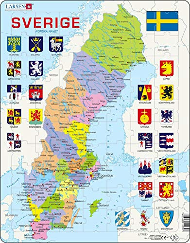 Larsen Puzzles A7-SE Kinder Rahmenpuzzle Schweden Politische Karte, 70 Teile, ab 8 Jahre, Lernspielzeug, Geografie, Konzentration, Spielspaß