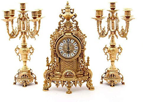 Arterameferro Triptyque horloge baroque en laiton poli avec candélabres françaises pour console