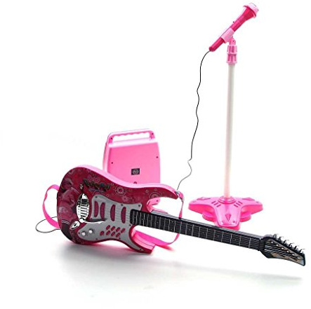 Guitare Rock pour Enfants avec Cordes en Acier, Amplificateurs, Support Réglable et Microphone - Instrument de Musique Infantile - Rose