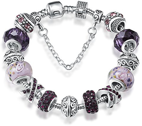 A TE® Bracciale Charm Viola Vetro Cristalli Catena Sicurezza Regalo #JW-B139