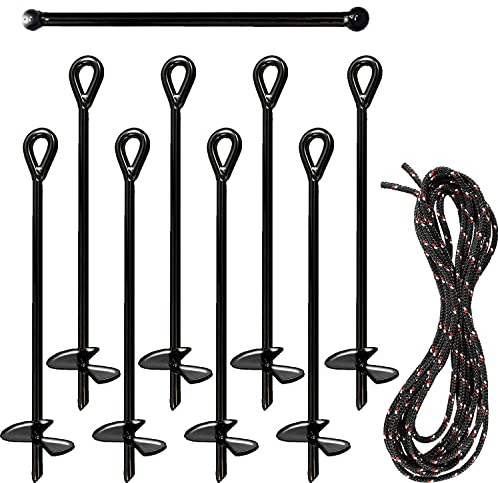 Ashman Black Ground Anchor (8 Pack) 15 Inches in Length and 10MM Thick in Diameter with 65 Feet of Rope
