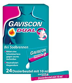 GAVISCON Dual 500 mg / 213 mg / 325 mg Suspension – Bei Sodbrennen und Magendruck – Wirkt bis zu 4 Stunden – 24 x 10 ml Dosierbeutel