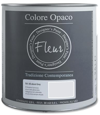 FLEUR DESIGNER'S PAINT | Pittura Chalk Paint Opaca, 2,5 L, Senza Carteggiare, Multisuperficie, Colore F61 All About Grey, Effetto Gesso, Per Pareti e Mobili, Extra Opaco, Ad Acqua, Made in Italy