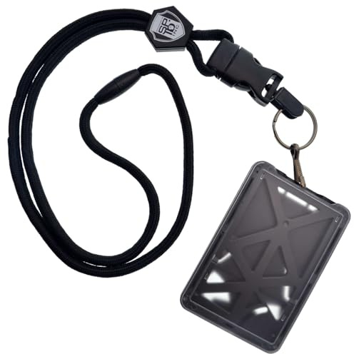 Specialist ID Vertical Top Load Three Card Badge Holder - Hard Plastic with Heavy Duty Breakaway Lanyard w Quick Release Metal Clip & Key Ring (One Holder / 3 Cards Inside) (Black)