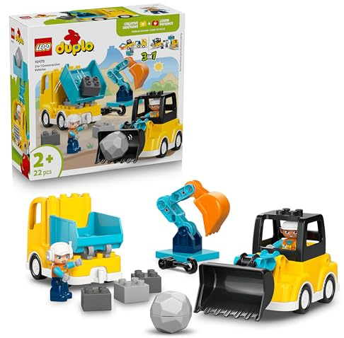 LEGO DUPLO Veicoli da Cantiere 3 in 1 - Gioco Didattico Montessori con Camion, Escavatore e Gru Giocattolo - Idea Regalo di Compleanno per Bambini e Bambine da 2 Anni in Su - 10475