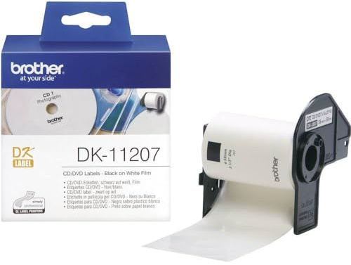 Brother DK-11207 Label Roll, CD/DVD Labels, Black on White, 100 Labels, 58 mm, Brother Genuine Supplies