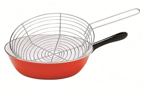 Baumalu, Poêle à Friture en Émail 26 cm Rouge, Acier Émaillé avec Panier en Acier Inoxydable, Compatible Induction, Idéale pour Friture et Cuisson Saine, Design Élégant