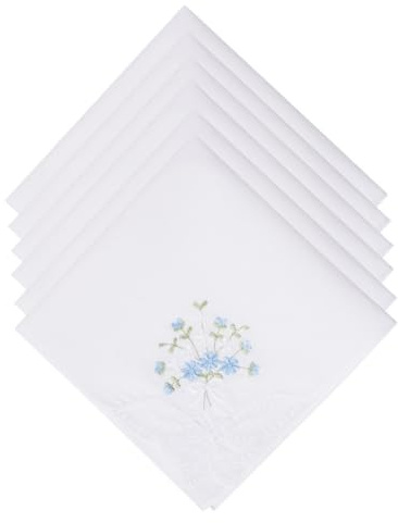 Selected Hanky Women's Cotton Handkerchiefs Flower Embroidered with Lace, Ladies Hankies 6 Pcs - Blue Floral