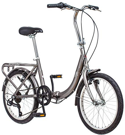 Schwinn Loop Adult Folding Bike for Men and Women, 20-inch Wheels, 7-Speed Drivetrain, Rear Cargo Rack, Carrying Bag, Silver