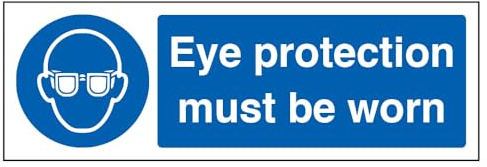 V Safety 41051AX-S Eye Protection Must Be Worn PPE Sign - Landscape - 300mm x 100mm - Self Adhesive Vinyl, Blue