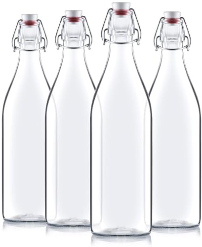 Bormioli Rocco Giara Swing Top Bottles 33 ¾ Ounce/1 Liter (4 Pack) ROUND Clear Glass Grolsch Flip Top Bottle With Stopper, for Beverages, Smoothies, Kefir, Beer, Soda, Juicing, Kombucha, Water, Milk, Oil and Vinegar, set of 4