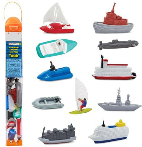 Safari Ltd. In the Water TOOB - Figurines of Jet Ski, Raft, Submarine, Motorboat, Windsurfer, Battleship, Cruise, Steam, Sail, Tug, Cargo Boat - Educational Toy Figures For Boys, Girls & Kids Ages 3+