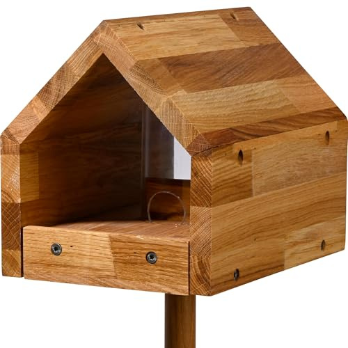 LUXUS-VOGELHAUS 46601e Vogelfutterhaus Bauhaus III - Futterhaus aus Massivholz - Futterstation inklusive Ständer - Wildvogelfutterplatz Eiche - 20,5 x 28 x 179 cm - Natur