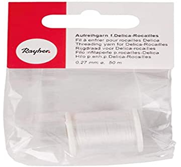 Rayher 89300100 Hilo de Nylon 100% especial para abalorios rocallas y pequeñas cuentas, blanco, diametro 0.27 mm, largo 50 m, Muy fino y resistente