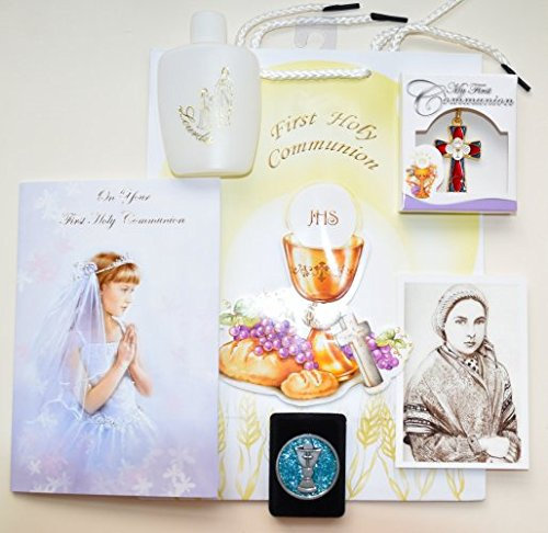 Coffret cadeau de communion pour fille avec carte de communion, bouteille d'eau de Lourdes, collier de communion, jeton de poche calice avec un sac cadeau de communion