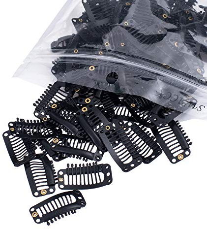 SWACC 100 Pcs U Shape Metailic Snap Clips ins for Hair Extension Hairpiece DIY Snap-Comb Wig Clips with Rubber (Black, 9-Teeth 6 Holes)