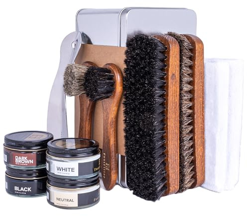FootFitter Shoe Shine Valet - Set di ricariche per scarpe, spazzole in crine di cavallo, creme per scarpe, calzascarpe e panni lucidanti, kit completo per la cura delle scarpe, Nero, Marrone, Neutro,