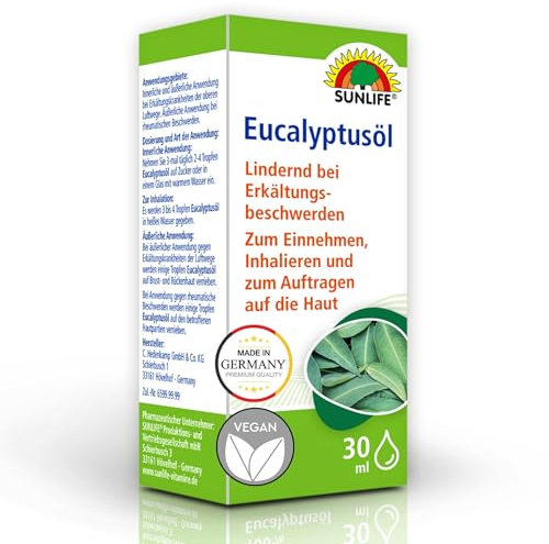 SUNLIFE Eukalyptusöl 30 ml - Ätherisches Öl zum Einnehmen, Inhalieren & Einreiben - Wirkstoff 100% Eukalyptus Öl - Eukalyptus Erkältungsöl - Reines Eukalyptusöl - Eucalyptus Oil