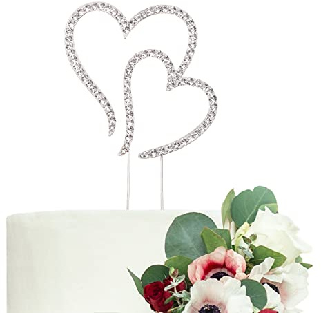 LOVENJOY Topper Torta Matrimoniale Argento Doppi Cuori di Cristallo Anniversari Decorazione per Torta Nuziale, Confezione Regalo