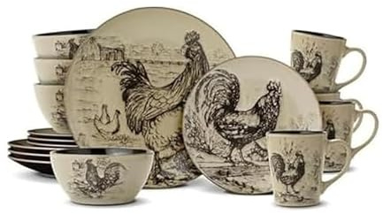 Pfaltzgraff Homespun Rooster 16-Piece Dinnerware Set, Service for 4 Brown