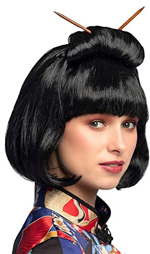 Boland 86417 - Perruque Chinoise pour adultes, cheveux synthétiques noirs avec baguettes, coiffure pour costumes de carnaval, carnaval et fête à thème