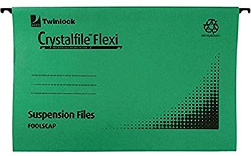 Rexel Foolscap Suspension Files with Tabs and Inserts for Filing Cabinets, 15 mm V-base, Manilla, Green, Crystalfile Flexifile, Pack of 50, 3000040