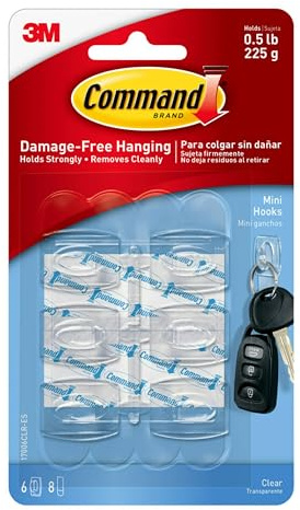 Command Dekorationsclips, Packung mit 6 Minihaken und 8 Kleinen Klebestreifen, Transparent, Aufhängeclips für Dekoration und Lichterketten, Wandkleber - Beschädigungsfreies Aufhängen