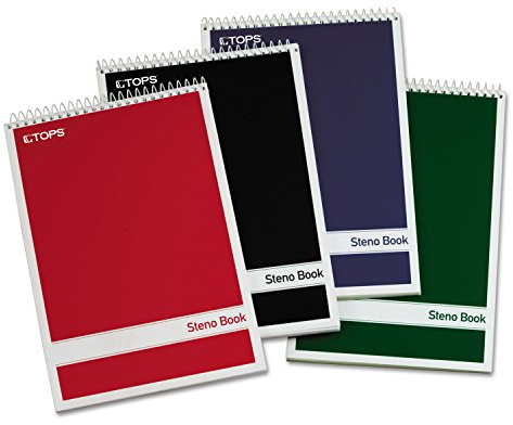 TOPS Steno Books, 6 x 9, Gregg Rule, Green Tint Paper, Assorted Color Covers, 80 Sheets, 4 Pack (80221)