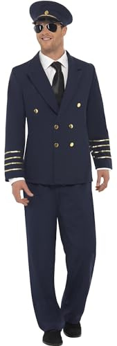 Smiffys Costume de pilote, bleu marine, avec veste, pantalon et casquette Halloween