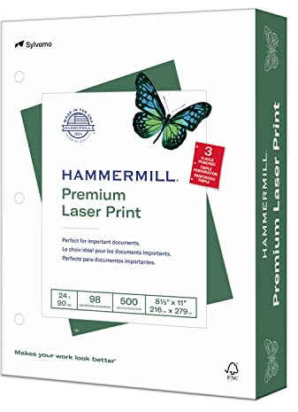 Hammermill Premium Laser Print Paper, 24 lb Copy Paper, 8.5 x 11 Letter Size, 3 Hole - 1 Ream (500 Sheets) - 98 Bright