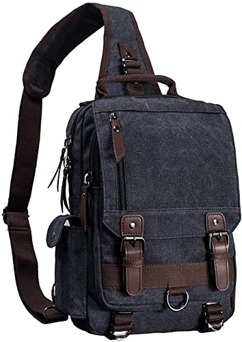 mygreen Crossbody Bag, Canvas Chest Leather Messenger Bag with One Strap Sling for Travel and Hiking (Large, Black)