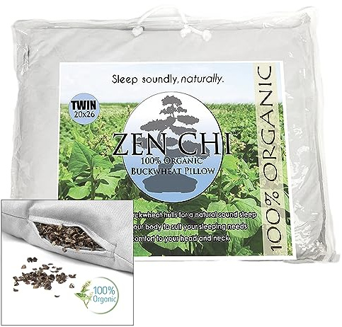 ZEN CHI Buckwheat Pillow - Organic Twin Size (20X26) w Natural Cooling Technology- All Cotton Cover w Organic Buckwheat Hulls - Keep Cool Effect Comfortable Sleep, Adjusts to Contours of Neck & Head