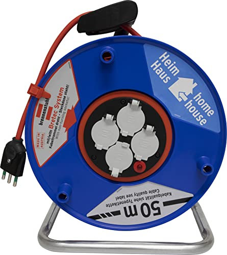 Prolunga Elettrica 50 Metri con Avvolgicavo Brennenstuhl | 4 Prese Elettriche Universali (Schuko + IT 10/16A) | Spina Piatta IT 16A su Cavo 50mt | Cavo H05VV-F 3G1,5 Ideale per Uso Esterno/Giardino