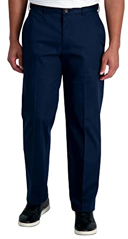 Haggar mens Premium No Iron Khaki Classic Fit Expandable Waist Flat Front Pant, Dark Navy, 34x29