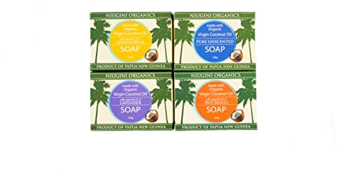 Zertifizierte Bio-Seife von NIUGINI ORGANICS aus 100% Bio Kokosöl | Vegane Naturseife | Nachhaltig | Gemischt: Pur & Geruchlos, Zitronengras, Lavendel, Patschuli, 4 x 100g